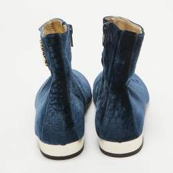 Roberto Cavalli Navy Blue Embossed Croc Velvet Ankle Boots Size 36