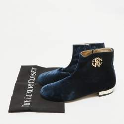 Roberto Cavalli Navy Blue Embossed Croc Velvet Ankle Boots Size 36