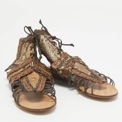 Roberto Cavalli Brown Crocodile and Python Leather Lace Up  Sandals Size 36