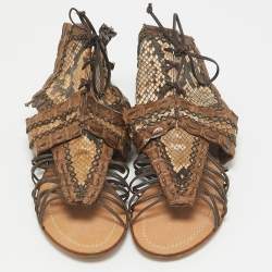 Roberto Cavalli Brown Crocodile and Python Leather Lace Up  Sandals Size 36