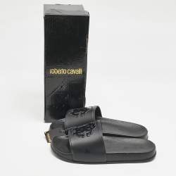 Roberto Cavalli Black Rubber Logo Flat Slides Size 39