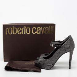 Pre Owned Roberto Cavalli Metallic Silver/Black Glitter Peep Toe Platform Pumps Size 36.5