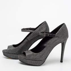 Pre Owned Roberto Cavalli Metallic Silver/Black Glitter Peep Toe Platform Pumps Size 36.5