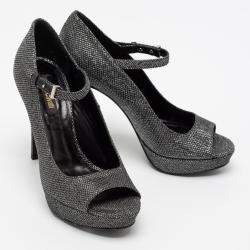 Pre Owned Roberto Cavalli Metallic Silver/Black Glitter Peep Toe Platform Pumps Size 36.5