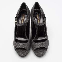 Pre Owned Roberto Cavalli Metallic Silver/Black Glitter Peep Toe Platform Pumps Size 36.5