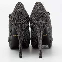 Pre Owned Roberto Cavalli Metallic Silver/Black Glitter Peep Toe Platform Pumps Size 36.5
