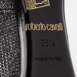 Pre Owned Roberto Cavalli Metallic Silver/Black Glitter Peep Toe Platform Pumps Size 36.5