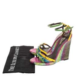 Pre Owned Roberto Cavalli Multicolor Leather And Python Wedge Strappy Sandals Size 37