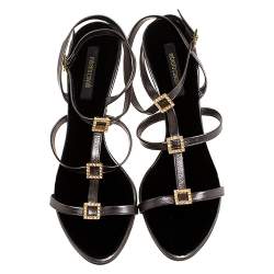 Pre Owned Roberto Cavalli Metallic Grey Leather Crystal Embellished Strappy Sandals Size 41