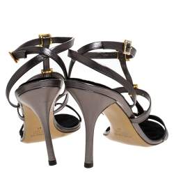 Pre Owned Roberto Cavalli Metallic Grey Leather Crystal Embellished Strappy Sandals Size 41