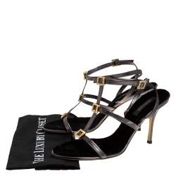 Pre Owned Roberto Cavalli Metallic Grey Leather Crystal Embellished Strappy Sandals Size 41