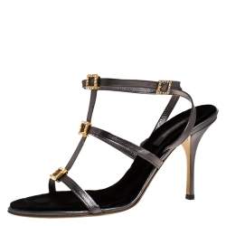 Pre Owned Roberto Cavalli Metallic Grey Leather Crystal Embellished Strappy Sandals Size 41