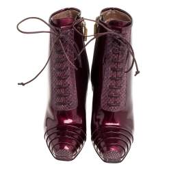 مملوكة مسبقًا Roberto Cavalli Maroon Patent Leather and Python Embossed Leather Lace Up Ankle Boots Size 37