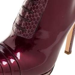 مملوكة مسبقًا Roberto Cavalli Maroon Patent Leather and Python Embossed Leather Lace Up Ankle Boots Size 37