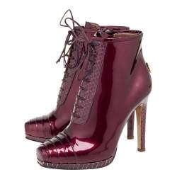 مملوكة مسبقًا Roberto Cavalli Maroon Patent Leather and Python Embossed Leather Lace Up Ankle Boots Size 37