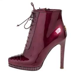 مملوكة مسبقًا Roberto Cavalli Maroon Patent Leather and Python Embossed Leather Lace Up Ankle Boots Size 37