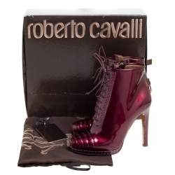مملوكة مسبقًا Roberto Cavalli Maroon Patent Leather and Python Embossed Leather Lace Up Ankle Boots Size 37