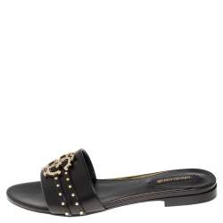 Pre Owned صندل فلات روبرتو كافالي مزخرف مرصع جلد أسود مقاس 36