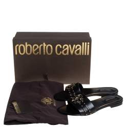 Pre Owned صندل فلات روبرتو كافالي مزخرف مرصع جلد أسود مقاس 36