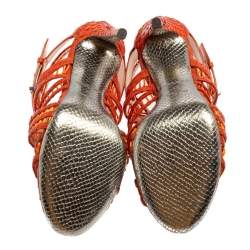 مملوكة مسبقًا صندل روبرتو كافالي جلد ثعبان وجلد برتقالي قفصي مقاس 40