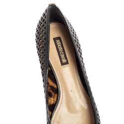 Pre Owned Roberto Cavalli Black/Beige Laser Cut Leather and Printed Satin Ballet Flats Size 38