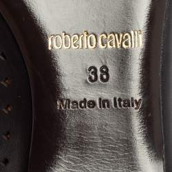 Pre Owned Roberto Cavalli Black/Beige Laser Cut Leather and Printed Satin Ballet Flats Size 38