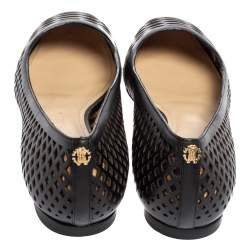 Pre Owned Roberto Cavalli Black/Beige Laser Cut Leather and Printed Satin Ballet Flats Size 38