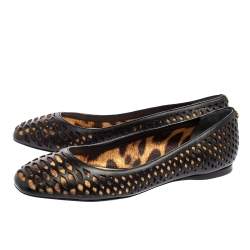 Pre Owned Roberto Cavalli Black/Beige Laser Cut Leather and Printed Satin Ballet Flats Size 38
