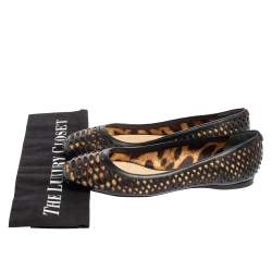 Pre Owned Roberto Cavalli Black/Beige Laser Cut Leather and Printed Satin Ballet Flats Size 38