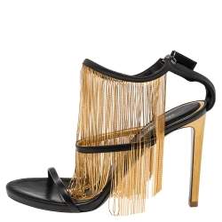Pre Owned Roberto Cavalli Black Leather Chain Embellished Ankle Strap Sandals Size 40