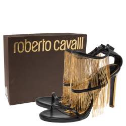 Pre Owned Roberto Cavalli Black Leather Chain Embellished Ankle Strap Sandals Size 40