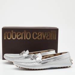 Pre Owned Roberto Cavalli Metallic Silver Iridescent Leather Slip On Loafers Size 39