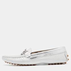 Pre Owned Roberto Cavalli Metallic Silver Iridescent Leather Slip On Loafers Size 39