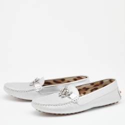 Pre Owned Roberto Cavalli Metallic Silver Iridescent Leather Slip On Loafers Size 39