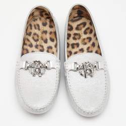 Pre Owned Roberto Cavalli Metallic Silver Iridescent Leather Slip On Loafers Size 39