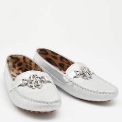 Pre Owned Roberto Cavalli Metallic Silver Iridescent Leather Slip On Loafers Size 39