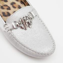 Pre Owned Roberto Cavalli Metallic Silver Iridescent Leather Slip On Loafers Size 39