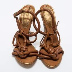 مملوكة مسبقًا Roberto Cavalli Brown Knotted Leather Ankle Strap Sandals Size 39.5