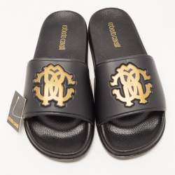Pre Owned Roberto Cavalli Black Rubber Flat Slides Size 38