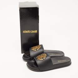 Pre Owned Roberto Cavalli Black Rubber Flat Slides Size 38