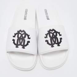 Pre Owned Roberto Cavalli White Rubber Flat Slides Size 39