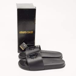 مملوكة مسبقًا Roberto Cavalli Black Rubber Flat Slides Size 42