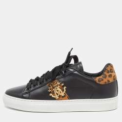 Pre Owned Roberto Cavalli Black Leather and Nubuck Slip On Sneakers Size 36