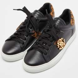 Pre Owned Roberto Cavalli Black Leather and Nubuck Slip On Sneakers Size 36