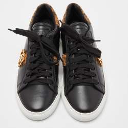 Pre Owned Roberto Cavalli Black Leather and Nubuck Slip On Sneakers Size 36