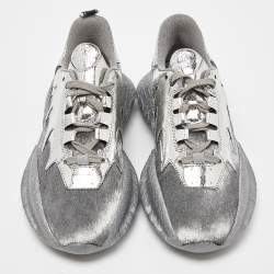 Pre Owned Roberto Cavalli Silver Calfhair and Laminated Leather V1per Lace Up Sneakers Size 37