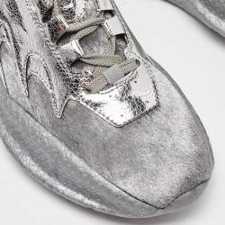 Pre Owned Roberto Cavalli Silver Calfhair and Laminated Leather V1per Lace Up Sneakers Size 37