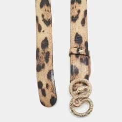 Pre Owned Roberto Cavalli Beige/Black Leopard Print Leather Snake Buckle Belt 90CM