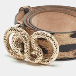 Pre Owned Roberto Cavalli Beige/Black Leopard Print Leather Snake Buckle Belt 90CM
