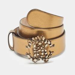 Pre Owned Roberto Cavalli Gold Leather Studded RC Belt 90CM